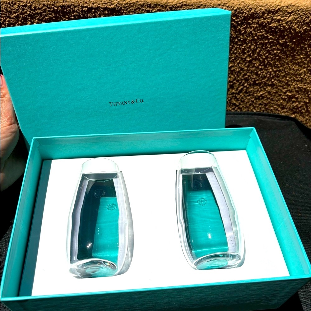Tiffany & Co. Crystal Glass Stemless Flutes Wedding Gift Set Wine Champagne